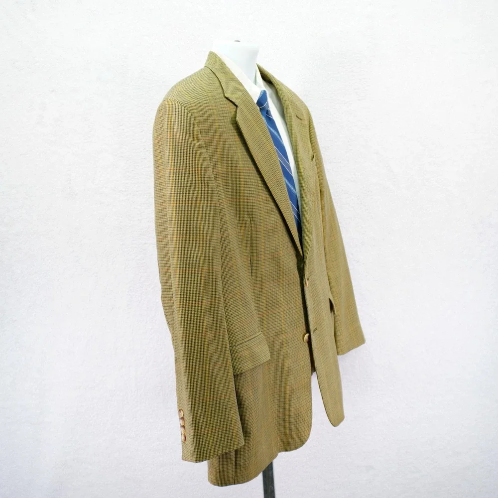 Nautica Wool Tan Green‎ Blue Houndstooth W/ Yellow Red Windowpane 46L Sport Coat